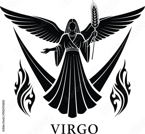Virgo zodiac angel silhouette illustration, celestial maiden with wings wheat symbol, astrology sign, mystical spiritual design, black vector art icon