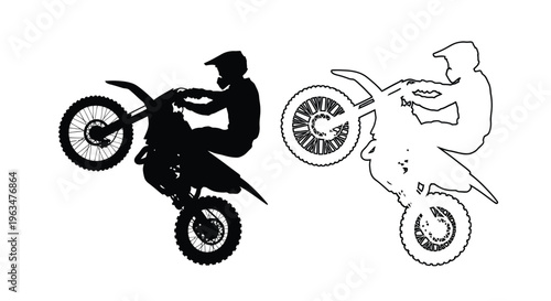 Motorcycle rider performing a wheelie shown in contrasting styles silhouette
