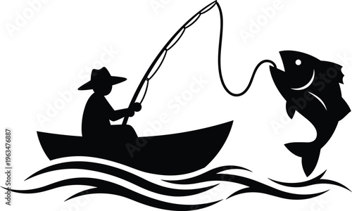 Fishing silhouette vector illustration, fisherman in boat catching jumping fish, lake waves scene, outdoor activity, black icon design, nature concept