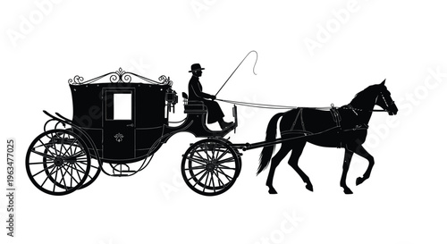 Elegant horse drawn carriage with a driver in black silhouette