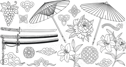 Japanese Traditional Illustration Set Featuring Katana Sword Wagasa Umbrellas Peony Flowers