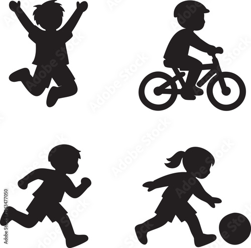 Four black silhouette children engaged in active play on white background