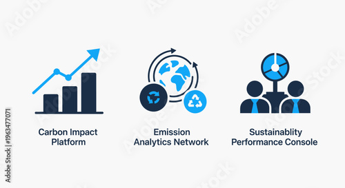 Environmental sustainability icons: carbon impact, emission analytics, and green performance symbols