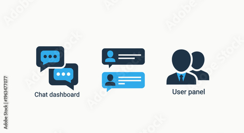 Digital chat and messaging icons: user communication, social interaction, and online panel symbols