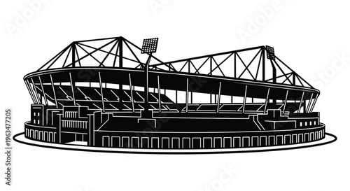 Detailed stadium illustration with a striking black silhouette