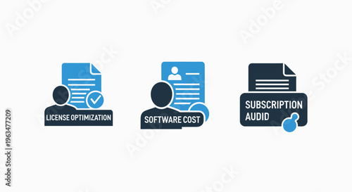 User identification, software cost, and audio subscription icons illustrating digital services and access management