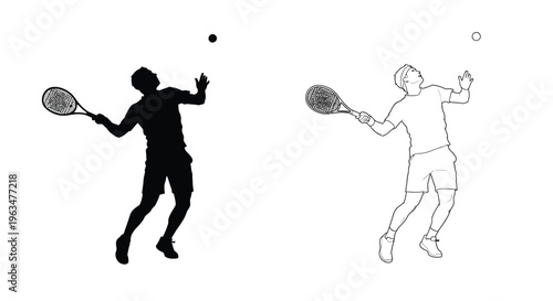 Two tennis players in action one depicted as a dark silhouette