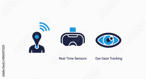 Virtual reality and eye gaze tracking technology icons for real-time devices, immersive experiences, and human-computer interaction concepts