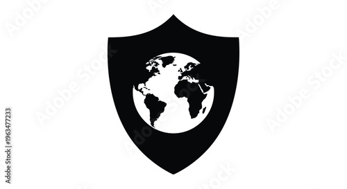 A shield protects a world globe in stark black silhouette