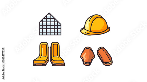 Cartoon style construction worker icons. Featuring a greenhouse, helmet, boots, and knee pads