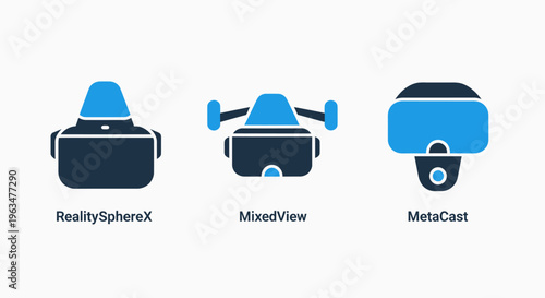 Collection of modern virtual reality, augmented reality, and mixed reality headset icons illustrating advanced immersive technologies