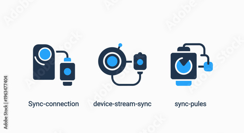 Digital sync connection icons for device stream synchronization, network integration, and data communication technology