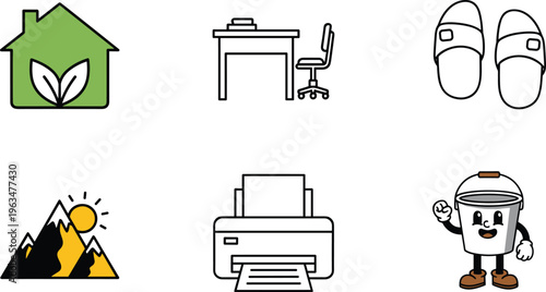 Home Eco House, Office Desk, Slippers, Mountain Landscape, Printer, and Cute Trash Character Icon Set for Lifestyle, Work, and Environmental Design Projects