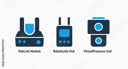 Telelink module, roboguide hub, and virtual presence unit icons for advanced robotics and digital integration technology