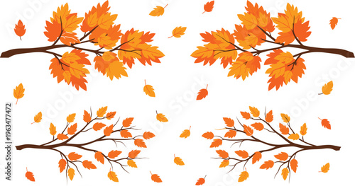 Autumn leaves branches set with falling foliage seasonal nature flat illustration collection