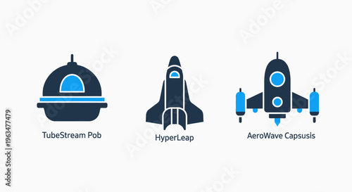 Modern vector icons set: futuristic space capsule, advanced rocket ship, and technology hub representing innovation and exploration