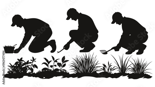 Silhouetted scenes depict a person tending to a garden, interacting with plants using tools