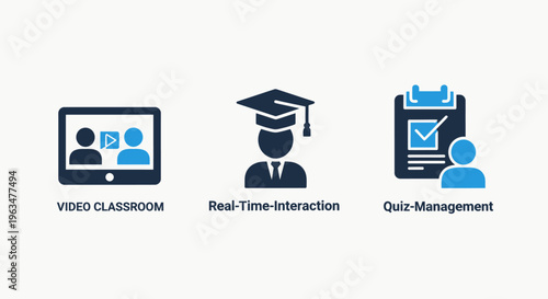 E-learning and data management vector icons: classroom, interactive education, and student data tracking for online platforms