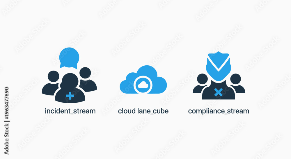 Obraz premium Incident stream management, cloud lane storage infrastructure, and corporate compliance security protocol icons designed for professional business technology and data center operations