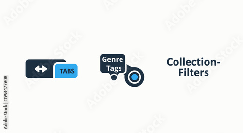 Interface tabs, genre tags, and collection filters icons for digital content organization
