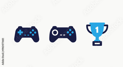 Gaming and esports icons set featuring game controllers and a first place winner trophy for competitive tournament ranking and leisure entertainment software graphic interface designs