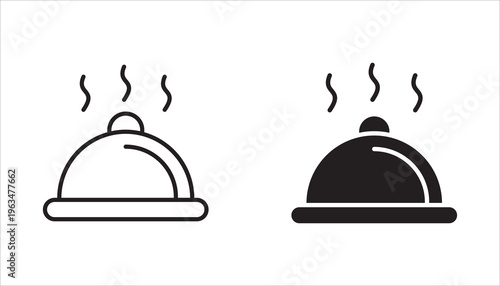 Black and white line art icon set depicting various foods, fast food, noodles, healthy options. Editable lines.