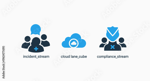 Incident stream management, cloud lane storage infrastructure, and corporate compliance security protocol icons designed for professional business technology and data center operations