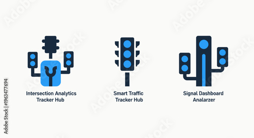 Traffic intersection analytics tracker hub, smart city monitoring signal, and urban transport dashboard analytics icons for intelligent infrastructure management and automation systems