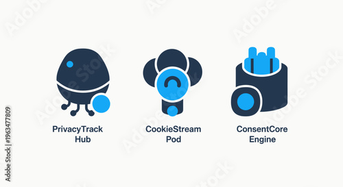 Web privacy track hub and cookie stream pod icons for online data consent and internet tracking management systems featuring consent core engine symbols for website compliance in blue style