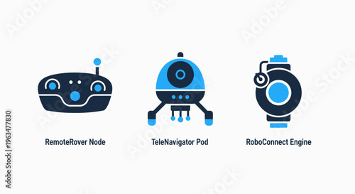 Futuristic technology and robotics icon set including remote rover controller telenavigator pod and retrocannon engine graphics for industrial engineering and science fiction design