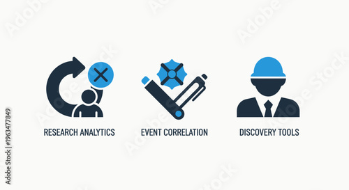 Industrial research and discovery icon collection with analytics tools event correlation graphs and professional engineer silhouettes for technical project management and analysis