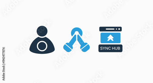 Digital cloud synchronization and user hub icon set for data transfer connection profile management and network service platforms featuring person and upward arrow graphics