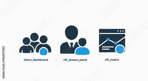 Data analytics and digital asset icon set including team dashboard interface information panel and statistical performance graph for project management