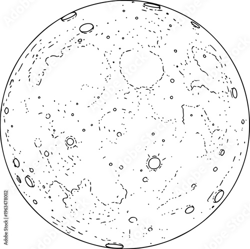 Detailed line of the moon surface with craters and maria in black and white lunar