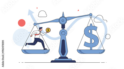 Business balance and financial ethics concept showing a professional businessman with a coin on a scale balanced against a dollar sign.