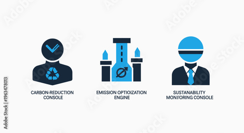 Environmental sustainability and green energy icons representing carbon reduction controls, an industrial emission optimization engine, and a sustainability monitoring console system concept