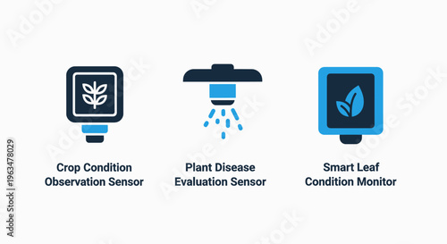 Smart agriculture technology icons for crop condition observation sensors and plant disease evaluation monitoring systems used in modern precision farming and botanical research