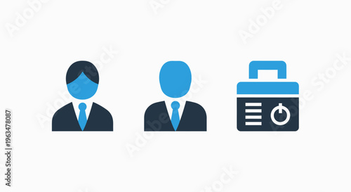Business profile and system control icons showing professional user avatars and electronic equipment interface symbols for corporate administration and technical management