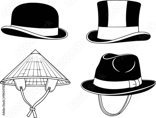 Distinct hats depicted in black and white line including a bowler hat conical hat and fedora