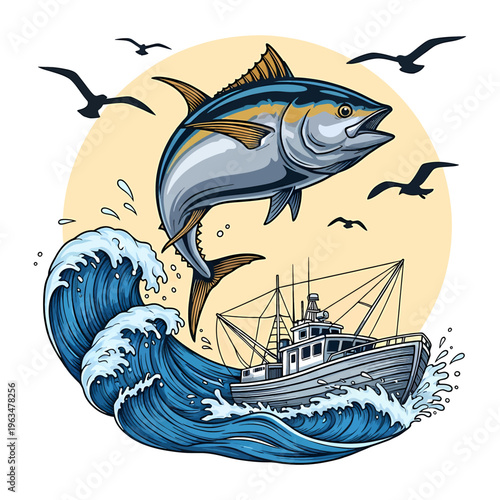 Yellowfin tuna jumping over fishing boat in ocean waves with sunset background vintage vector style