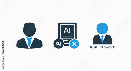 Artificial intelligence ethics and trust framework icon set with business person AI certification and human centric digital identity symbols for corporate compliance and data security