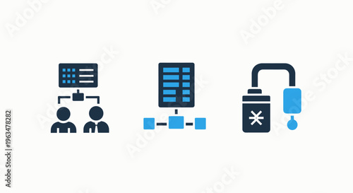 Data hierarchy and processing icon set with information architecture flowcharts and server cooling system symbols for computer science database management and it infrastructure design