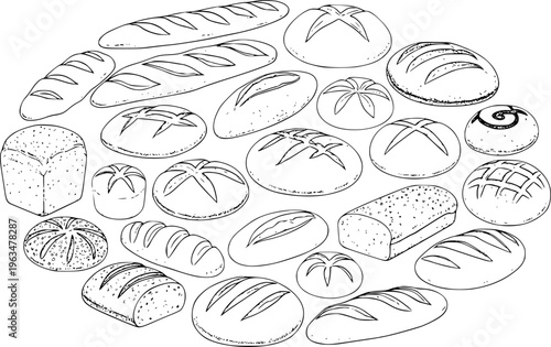 Diverse Assortment of Baked Bread Loaves and Rolls Hand Drawn White Background loaf