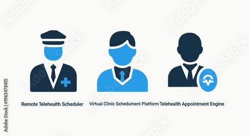 Telemedicine and virtual healthcare appointment icons including doctor avatar medical staff and digital heart health monitoring symbols for remote patient care services
