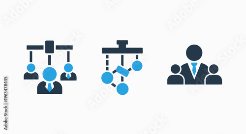 Business organization and team hierarchy icon set featuring management structure network connection and corporate leadership graphics