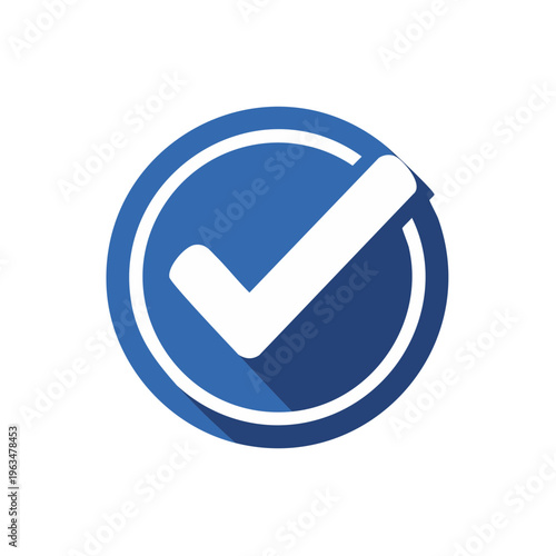Bold blue circle with white checkmark symbol and subtle shadow effect