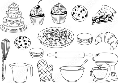 Hand drawn baking ingredients and equipment collection for sweet treats and desserts