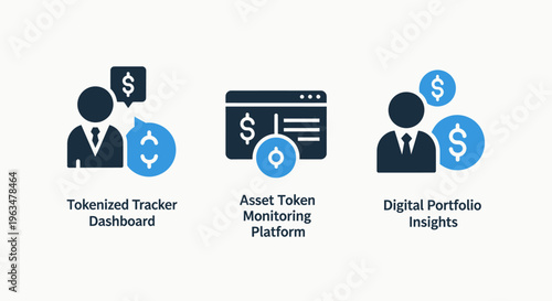 Digital finance and asset token tracking icon set with cryptocurrency portfolio insights and investment monitoring dashboard graphics