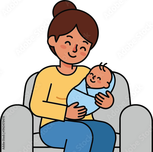 Mother securely holds a smiling newborn baby wrapped in a light blue.