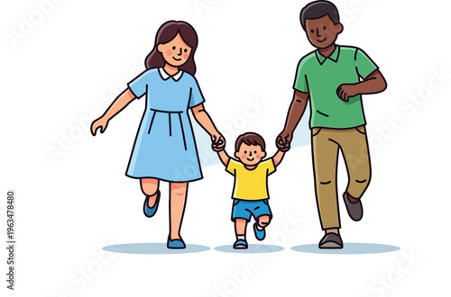 Family holds hands while happily walking together across a white.
